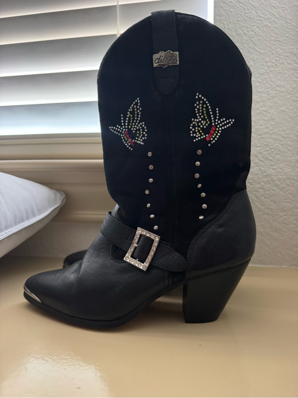 Dingo Black Suede & Leather Western Ankle Boots with Rhinestone Butterflies